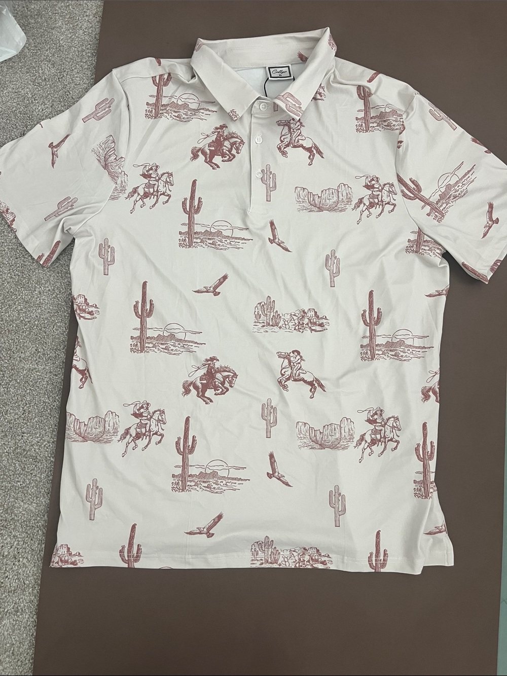 Men's Polo Shirt with Desert Western Print - White & Dusty Rose XL